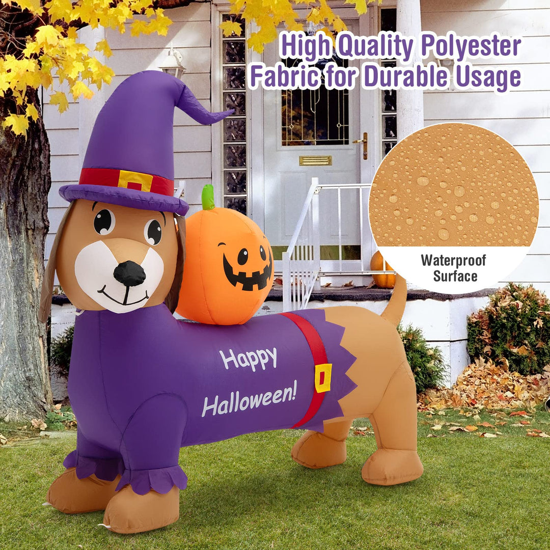 5FT Long Halloween Inflatable Dachshund Dog, Blow Up Outdoor Wiener Dog with Pumpkin &amp; Witch Hat