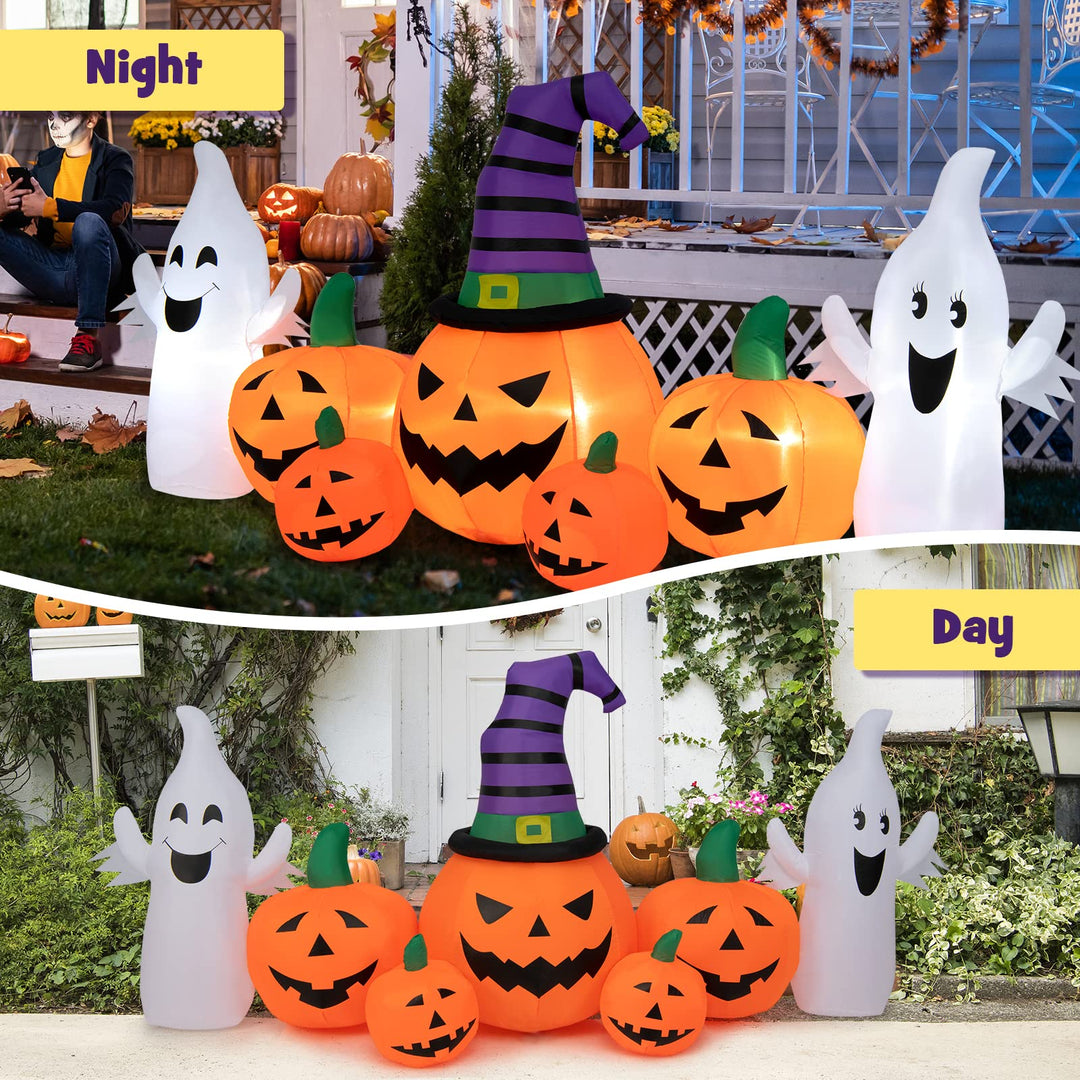 9FT Long Halloween Inflatable Pumpkins, Self Inflating Halloween Pumpkin Patch Lanterns w/ 2 Ghosts, LED Lights