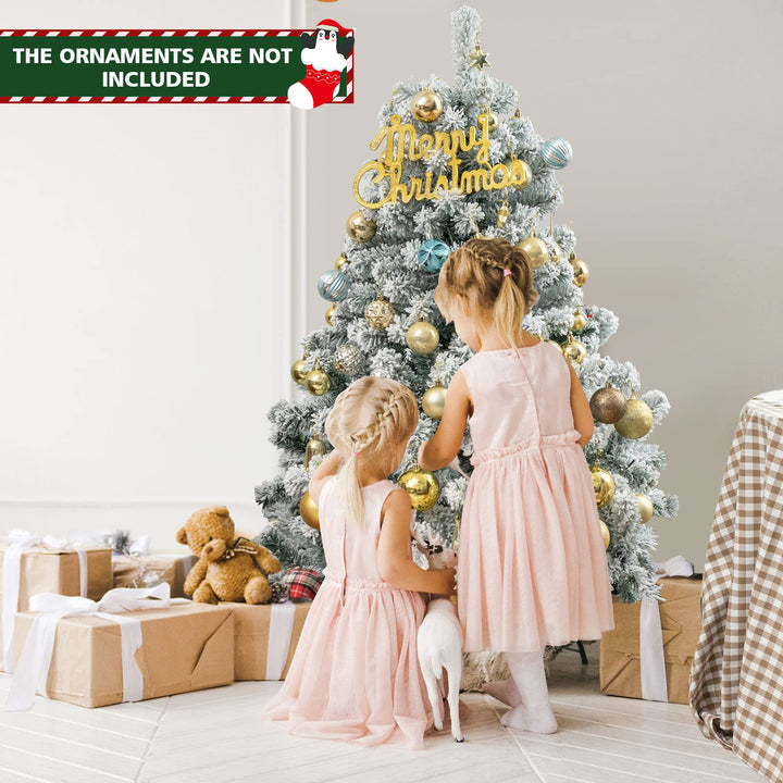 4.5 FT Flocked Christmas Tree, Pre-lit Hinged Xmas Tree with 150 Warm White LED Lights, 295 PVC Branch Tips