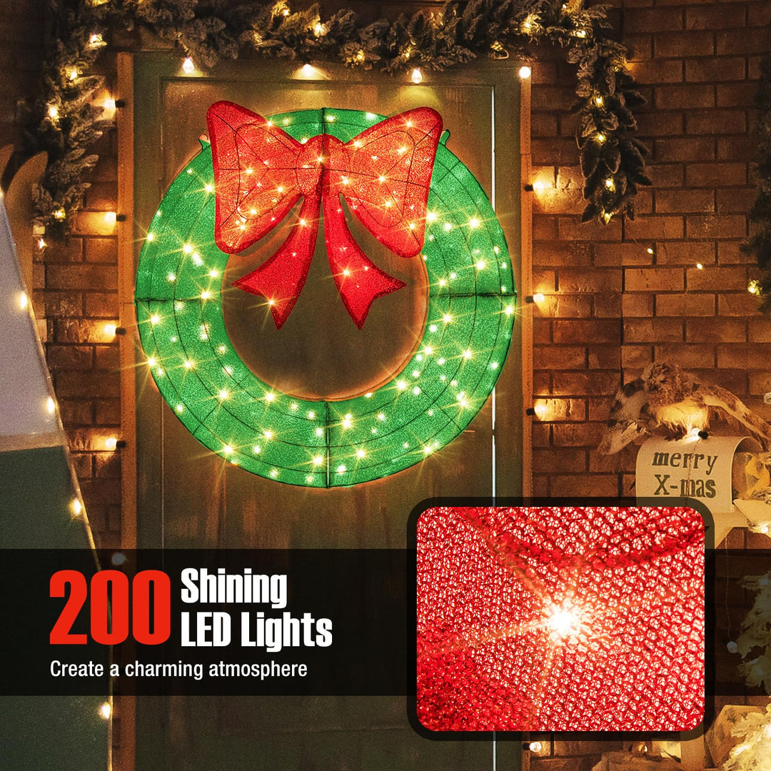 48 Inch Pre-Lit Christmas Wreath, Indoor/Outdoor Xmas Decoration with 200 LED Lights