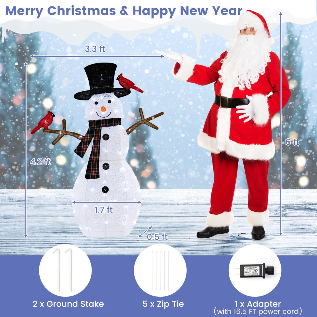 Lighted Snowman &amp; Redbirds Christmas Decoration, 4.2 FT/127 CM Pre-Lit Snowman Ornament with Warm-White LED Lights