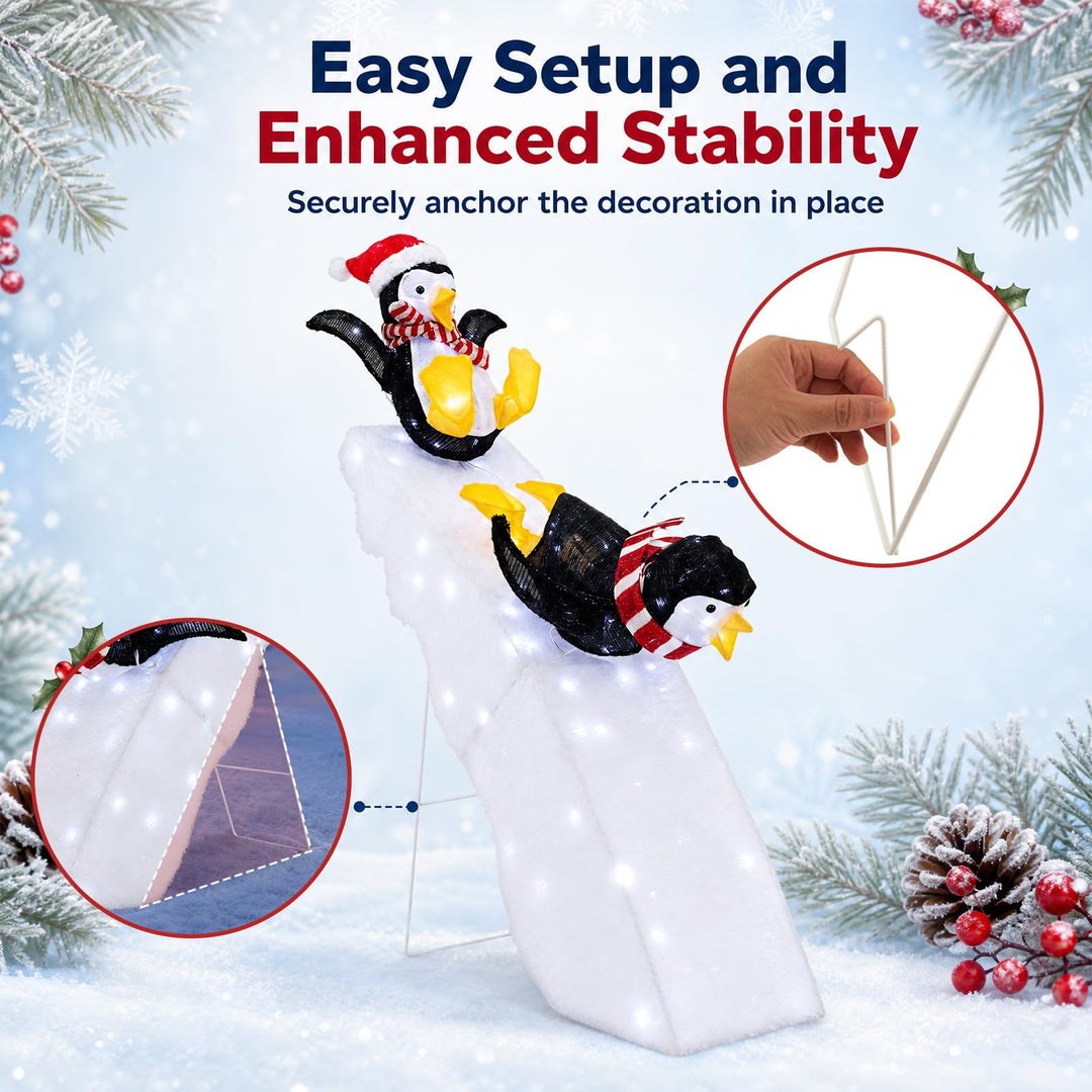 4 FT Tall Pre-Lit Outdoor Christmas Decoration, 2 Skiing Penguins &amp; Snowy Slide w/ 130 Cool White LED Lights