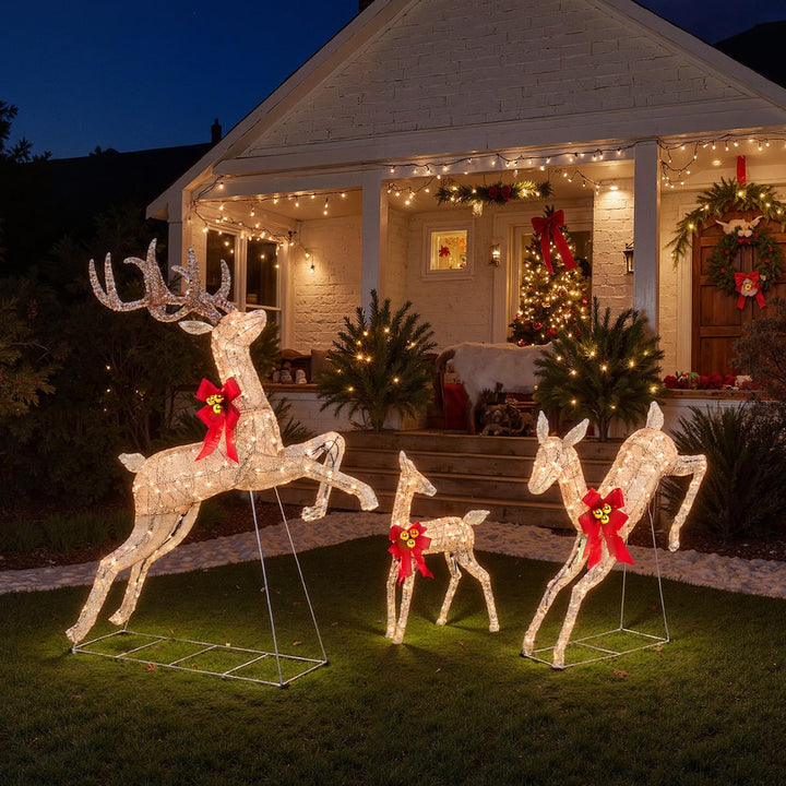 3 Pcs Light up Christmas Reindeers, 60" H Pre-lit Glittering Deer Family Set w/ 255 Warm White Lights &amp; Bows