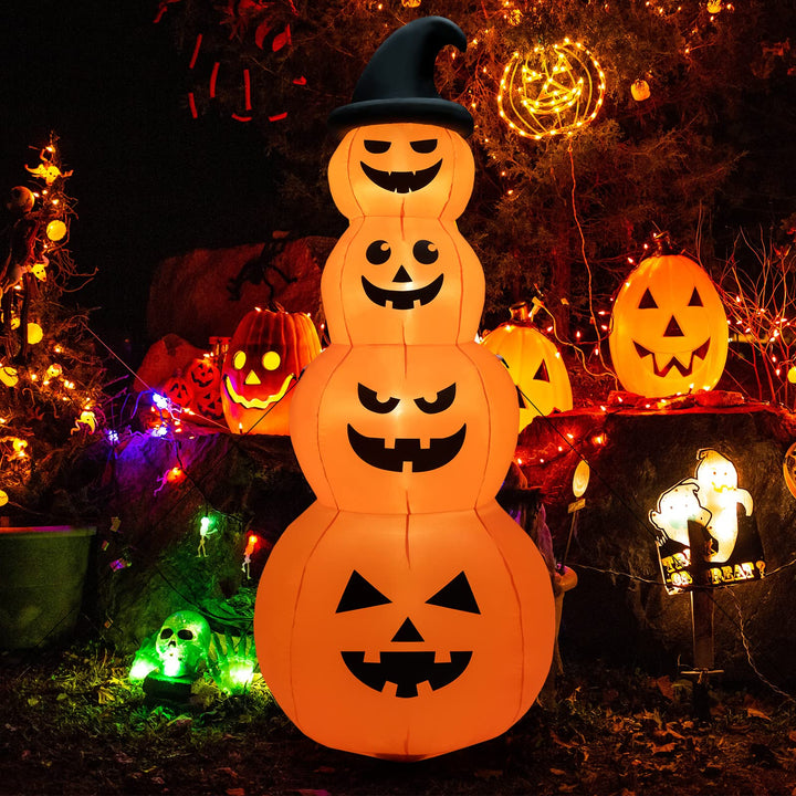 8FT Halloween Inflatable Pumpkin Stacks, 4 Stacked Pumpkins with Witch&