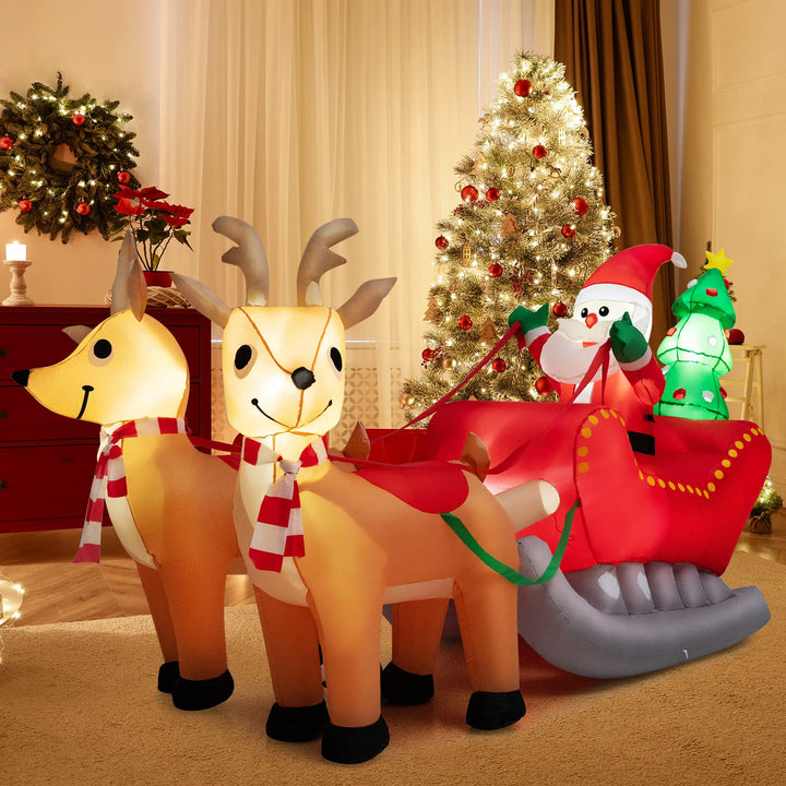 Inflatable Christmas Santa on Sleigh with 2 Reindeer &amp; Xmas Tree, 7.2 FT Long Outdoor Yard Decoration Featuring Built-in LED Lights for Festive Holiday Displays