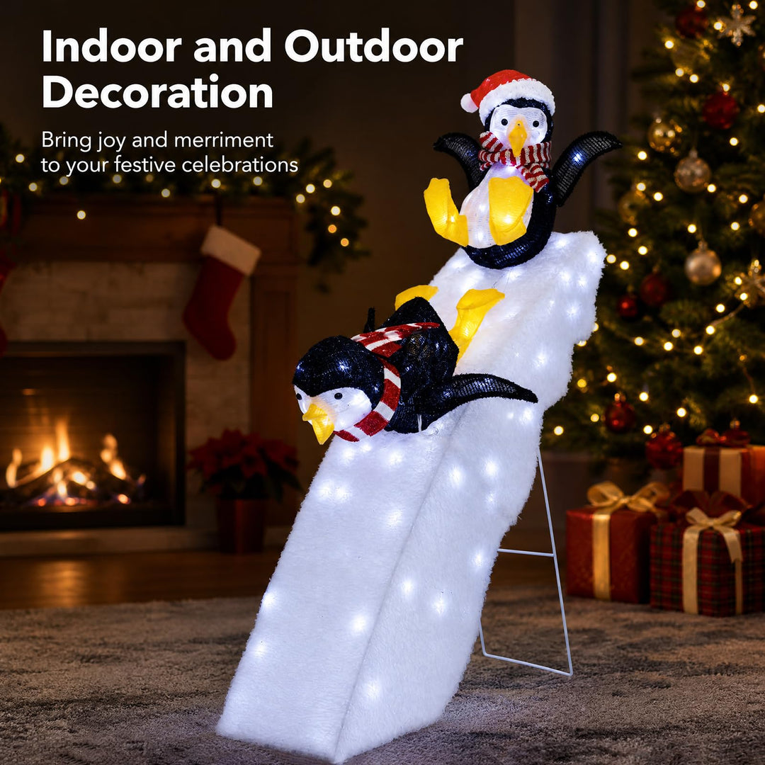 4 FT Tall Pre-Lit Outdoor Christmas Decoration, 2 Skiing Penguins &amp; Snowy Slide w/ 130 Cool White LED Lights