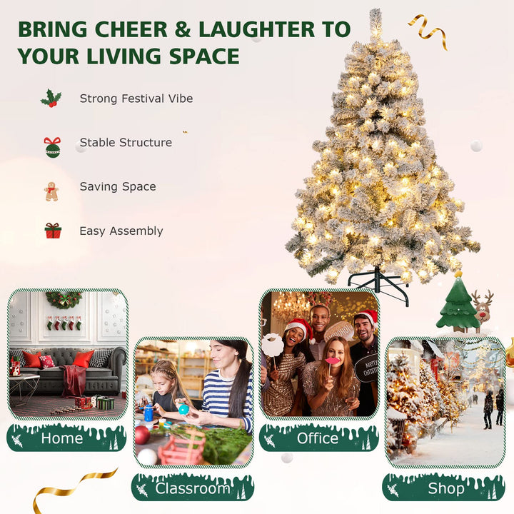 4.5 FT Flocked Christmas Tree, Pre-lit Hinged Xmas Tree with 150 Warm White LED Lights, 295 PVC Branch Tips