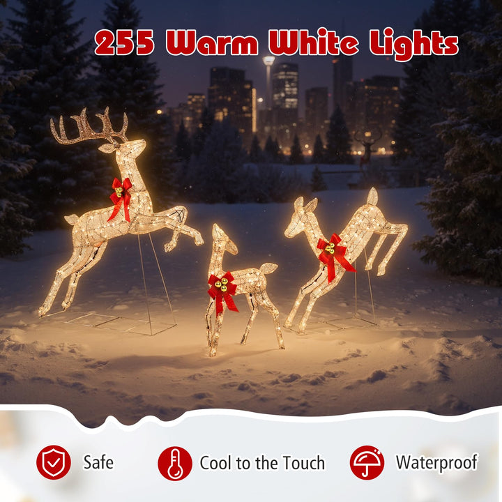 3 Pcs Light up Christmas Reindeers, 60" H Pre-lit Glittering Deer Family Set w/ 255 Warm White Lights &amp; Bows