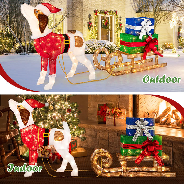 Lighted Christmas Decorations, Outdoor Pre-lit Xmas Dog &amp; Sleigh &amp; Gift Boxes Combo