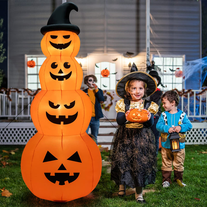 8FT Halloween Inflatable Pumpkin Stacks, 4 Stacked Pumpkins with Witch&