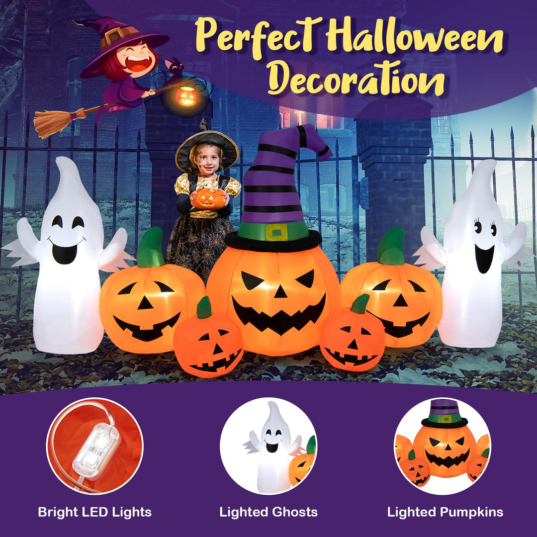 9FT Long Halloween Inflatable Pumpkins, Self Inflating Halloween Pumpkin Patch Lanterns w/ 2 Ghosts, LED Lights
