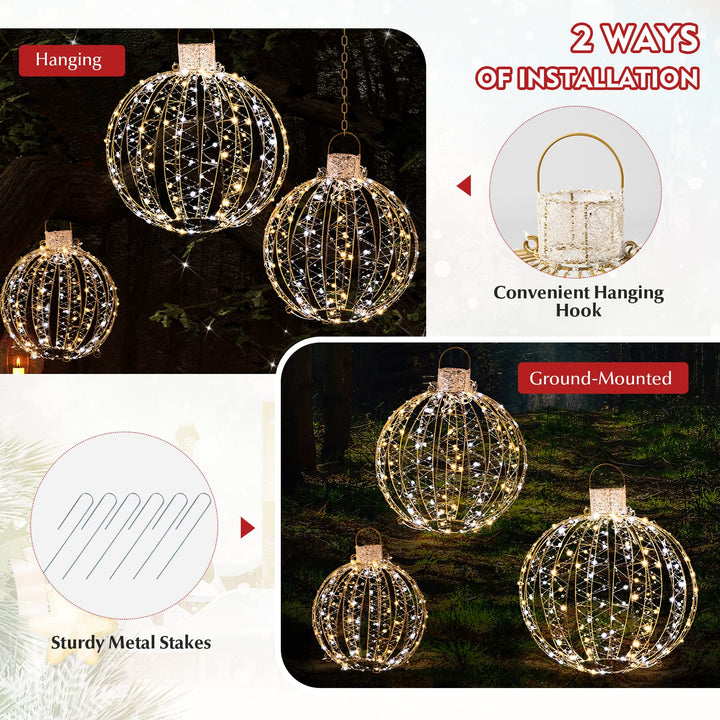 3-Piece Christmas LED Ball Lights, Outdoor Hanging Light Spheres with 360 LEDs