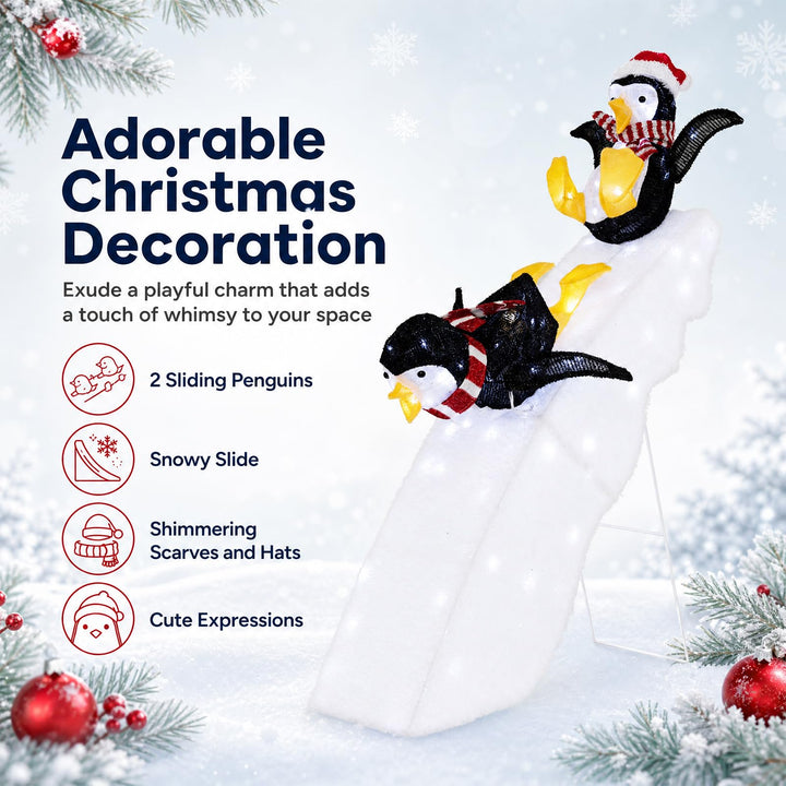4 FT Tall Pre-Lit Outdoor Christmas Decoration, 2 Skiing Penguins &amp; Snowy Slide w/ 130 Cool White LED Lights