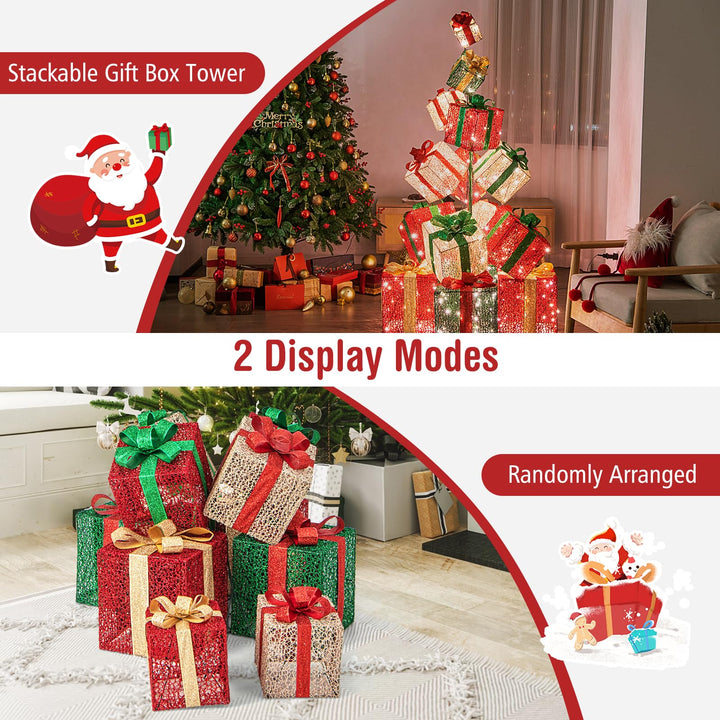 Lighted Christmas Gift Boxes Tower, 15 Pieces Stackable Pre-lit Xmas Present Boxes w/ 450 Warm White Lights
