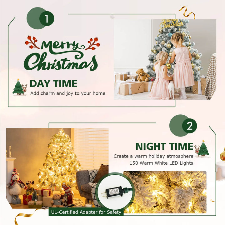 4.5 FT Flocked Christmas Tree, Pre-lit Hinged Xmas Tree with 150 Warm White LED Lights, 295 PVC Branch Tips