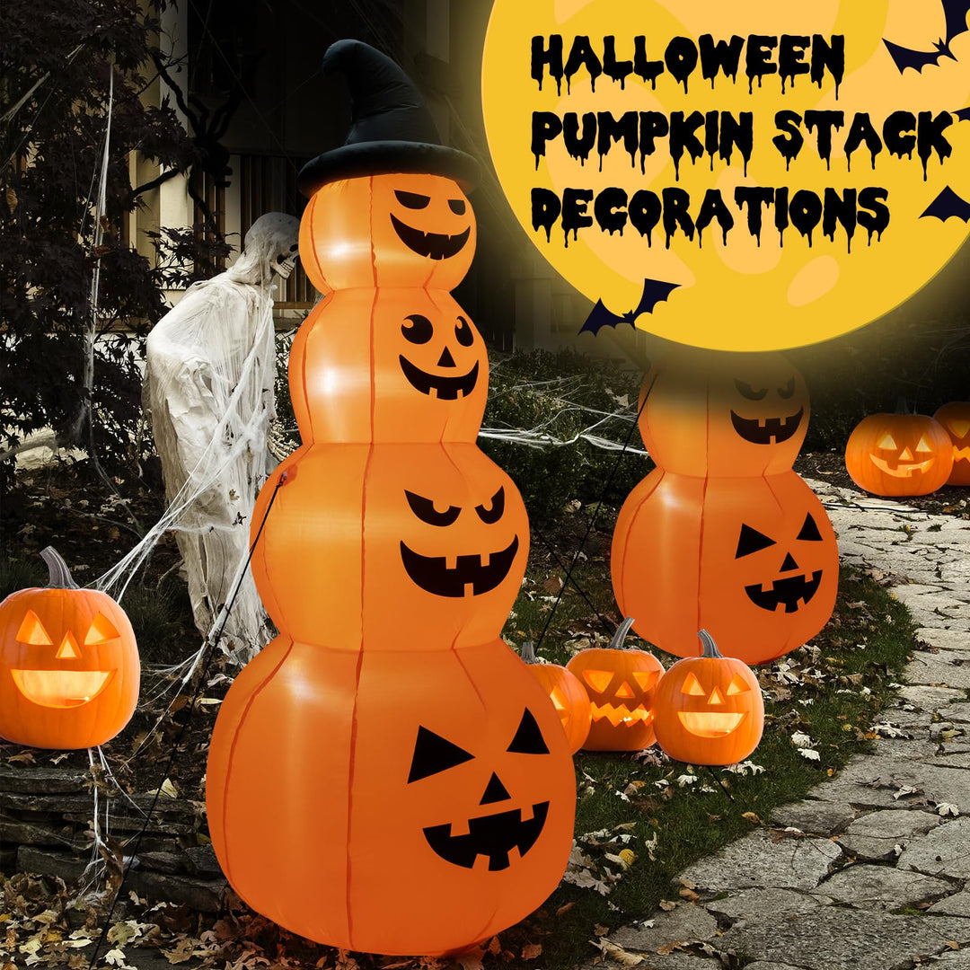 8FT Halloween Inflatable Pumpkin Stacks, 4 Stacked Pumpkins with Witch&