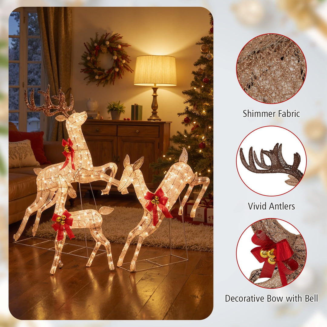 3 Pcs Light up Christmas Reindeers, 60" H Pre-lit Glittering Deer Family Set w/ 255 Warm White Lights &amp; Bows