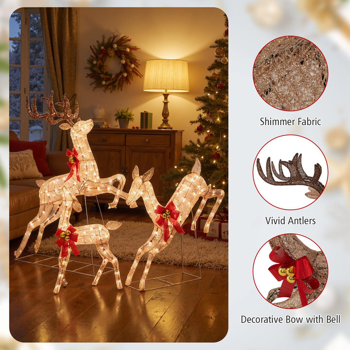 3 Pcs Light up Christmas Reindeers, 60" H Pre-lit Glittering Deer Family Set w/ 255 Warm White Lights &amp; Bows