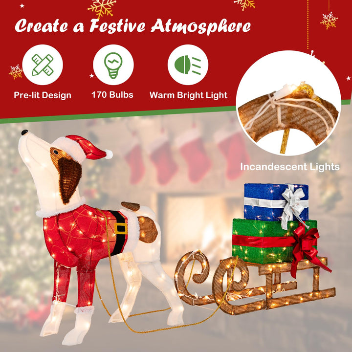 Lighted Christmas Decorations, Outdoor Pre-lit Xmas Dog &amp; Sleigh &amp; Gift Boxes Combo