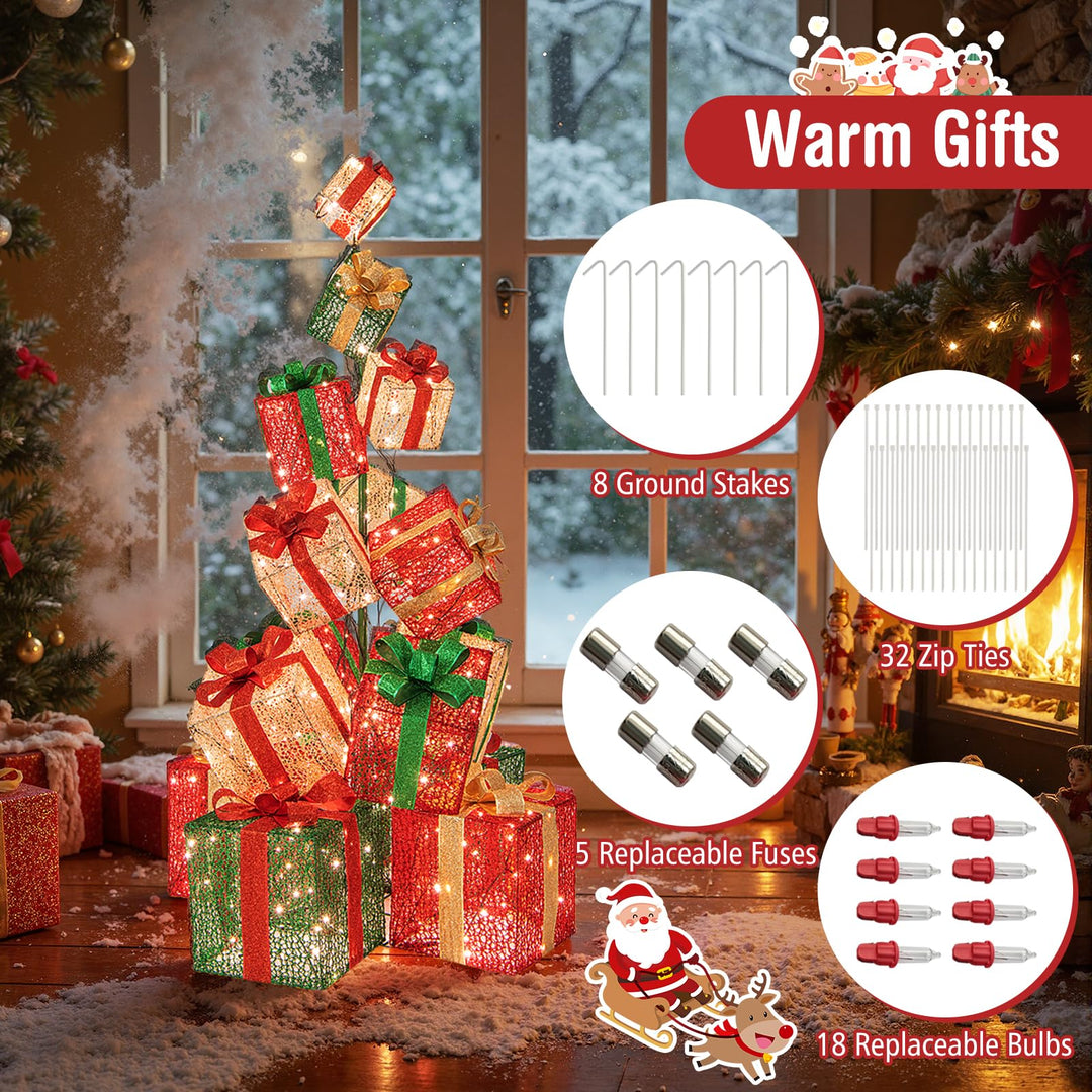 Lighted Christmas Gift Boxes Tower, 15 Pieces Stackable Pre-lit Xmas Present Boxes w/ 450 Warm White Lights