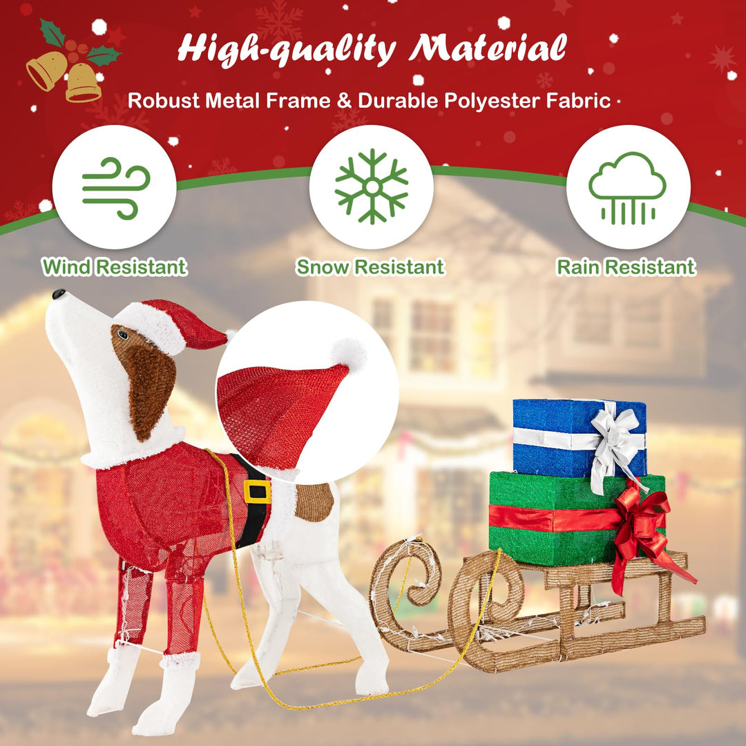 Lighted Christmas Decorations, Outdoor Pre-lit Xmas Dog &amp; Sleigh &amp; Gift Boxes Combo