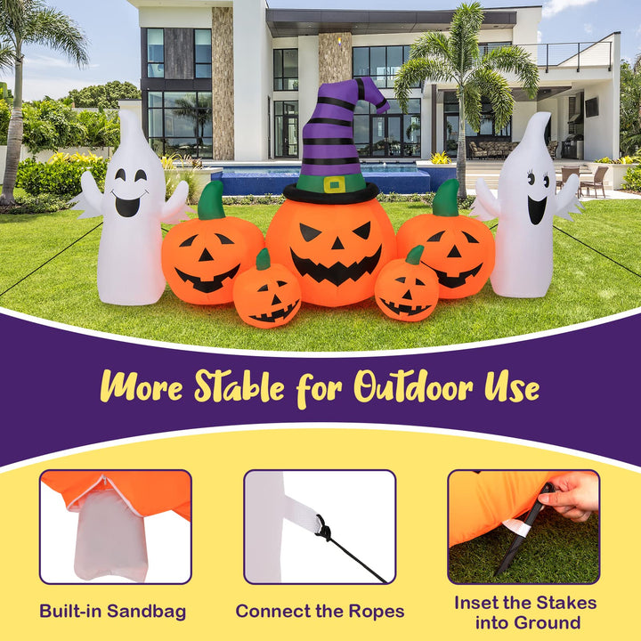 9FT Long Halloween Inflatable Pumpkins, Self Inflating Halloween Pumpkin Patch Lanterns w/ 2 Ghosts, LED Lights