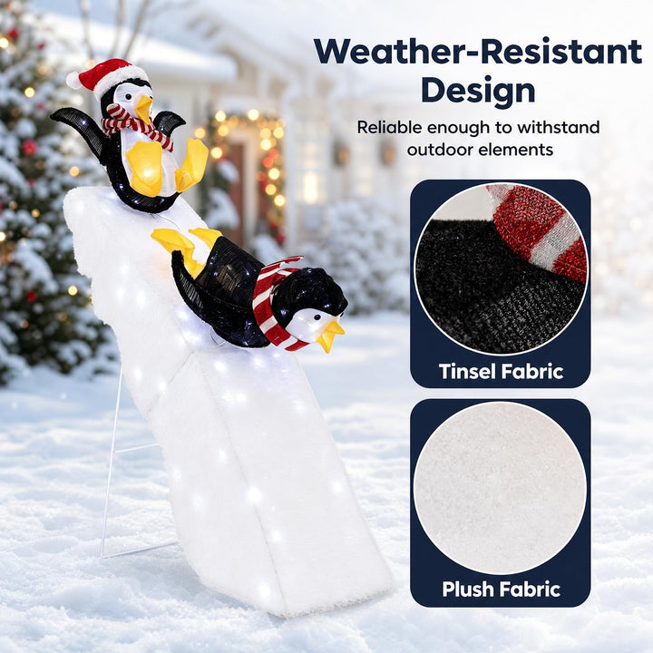 4 FT Tall Pre-Lit Outdoor Christmas Decoration, 2 Skiing Penguins &amp; Snowy Slide w/ 130 Cool White LED Lights