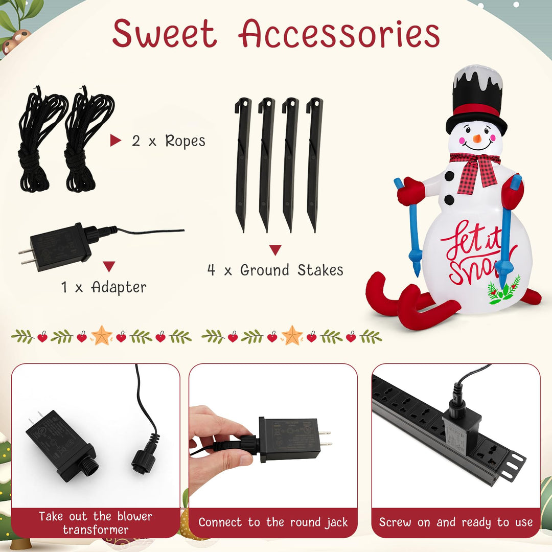 6FT Xmas Inflatable Skiing Snowman, Self Inflating Christmas Decoration with Built-in Sandbag