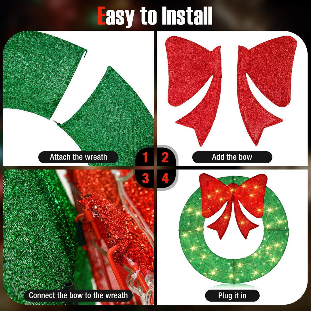 48 Inch Pre-Lit Christmas Wreath, Indoor/Outdoor Xmas Decoration with 200 LED Lights