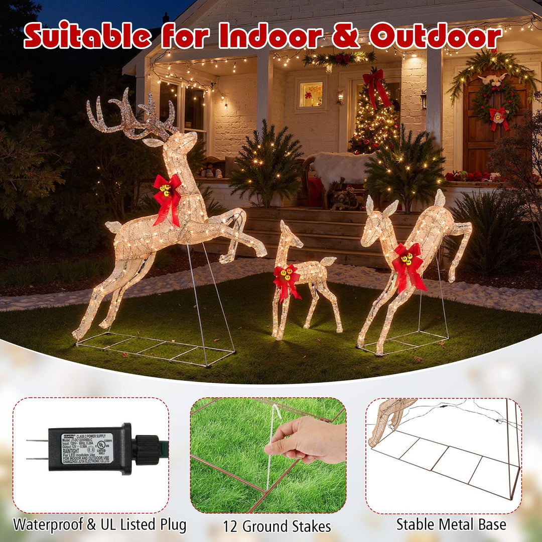 3 Pcs Light up Christmas Reindeers, 60" H Pre-lit Glittering Deer Family Set w/ 255 Warm White Lights &amp; Bows