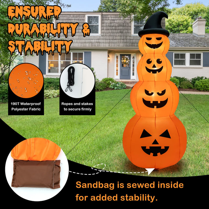 8FT Halloween Inflatable Pumpkin Stacks, 4 Stacked Pumpkins with Witch&