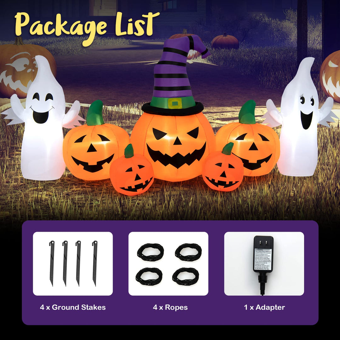9FT Long Halloween Inflatable Pumpkins, Self Inflating Halloween Pumpkin Patch Lanterns w/ 2 Ghosts, LED Lights