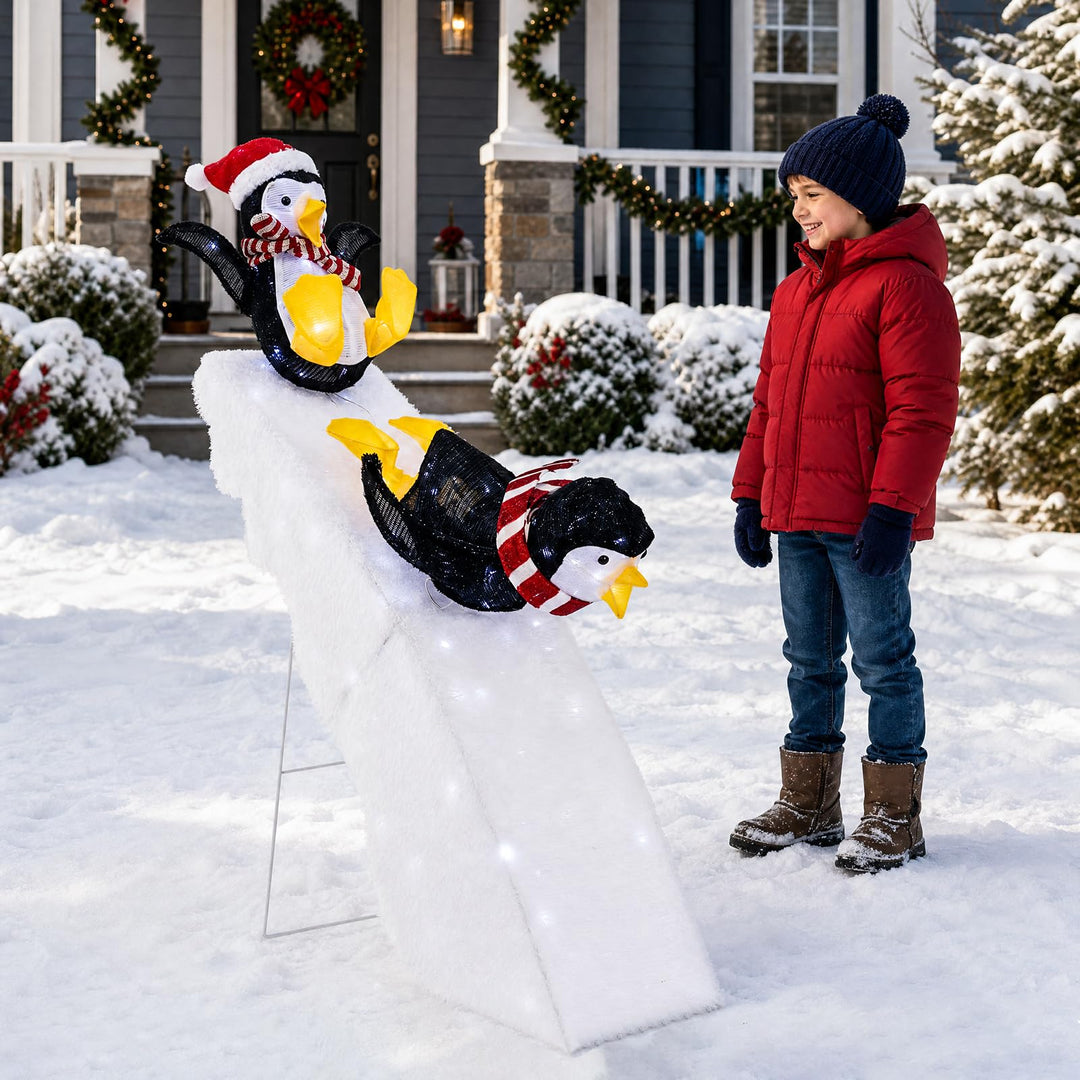 4 FT Tall Pre-Lit Outdoor Christmas Decoration, 2 Skiing Penguins &amp; Snowy Slide w/ 130 Cool White LED Lights