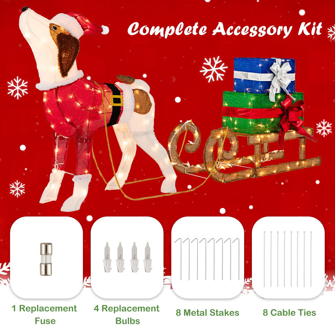 Lighted Christmas Decorations, Outdoor Pre-lit Xmas Dog &amp; Sleigh &amp; Gift Boxes Combo