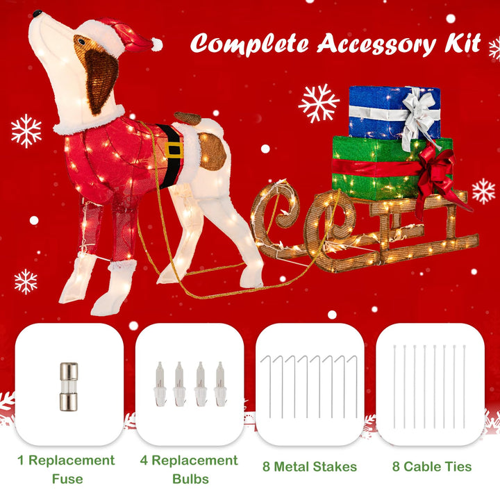 Lighted Christmas Decorations, Outdoor Pre-lit Xmas Dog &amp; Sleigh &amp; Gift Boxes Combo
