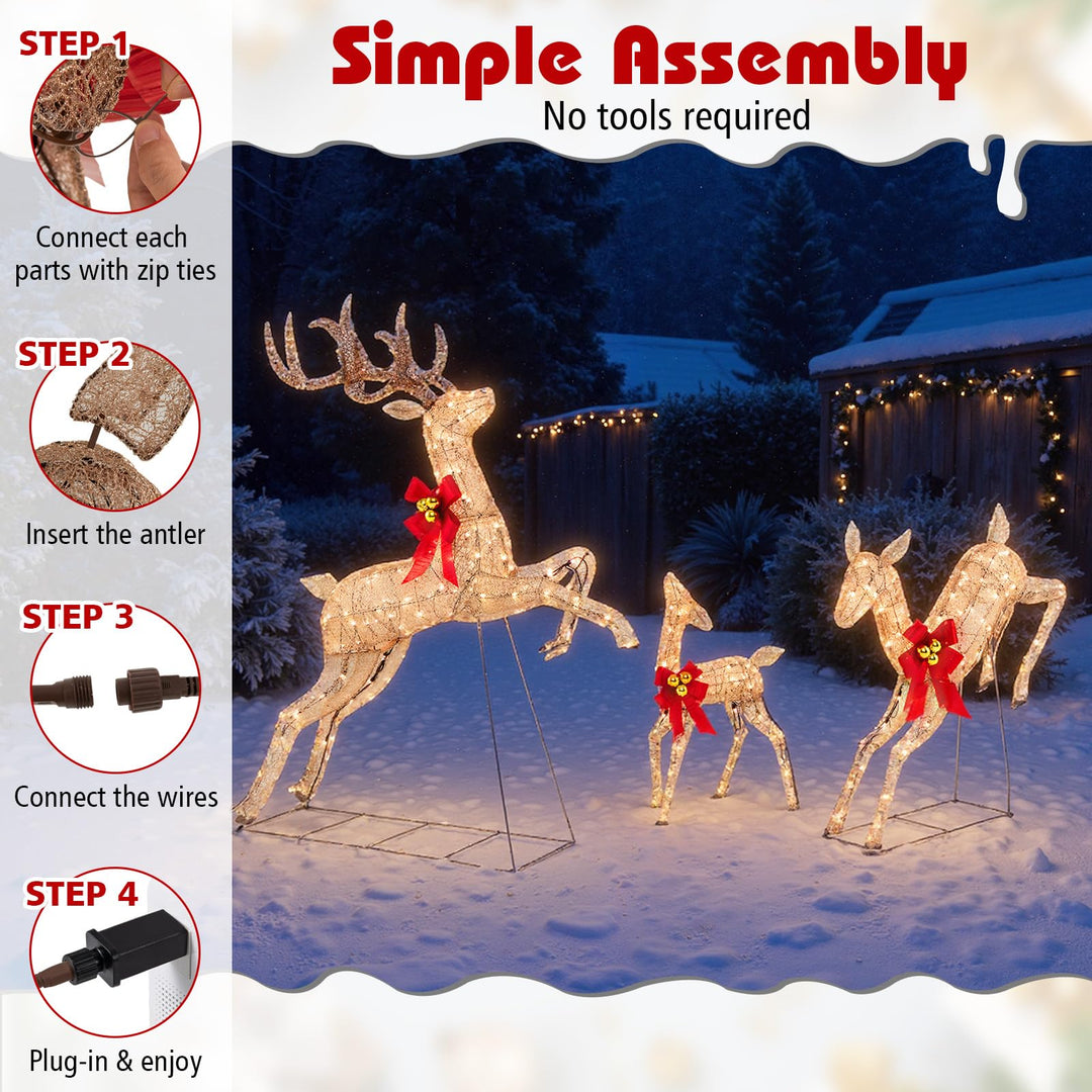 3 Pcs Light up Christmas Reindeers, 60" H Pre-lit Glittering Deer Family Set w/ 255 Warm White Lights &amp; Bows