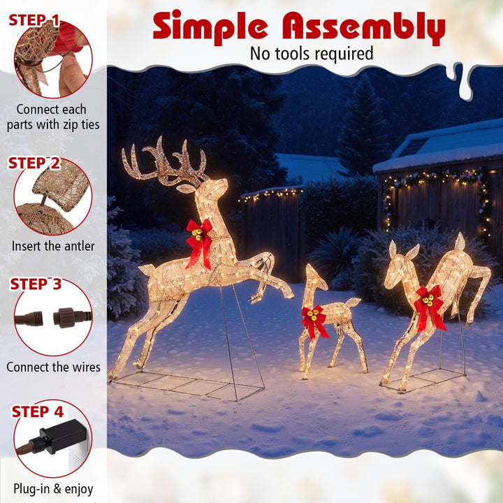 3 Pcs Light up Christmas Reindeers, 60" H Pre-lit Glittering Deer Family Set w/ 255 Warm White Lights &amp; Bows