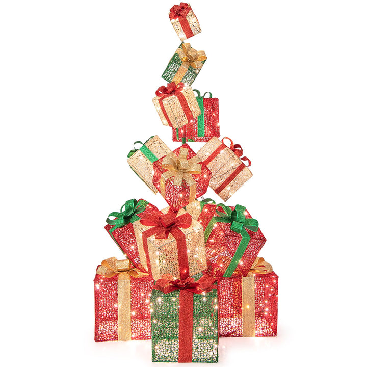 Lighted Christmas Gift Boxes Tower, 15 Pieces Stackable Pre-lit Xmas Present Boxes w/ 450 Warm White Lights