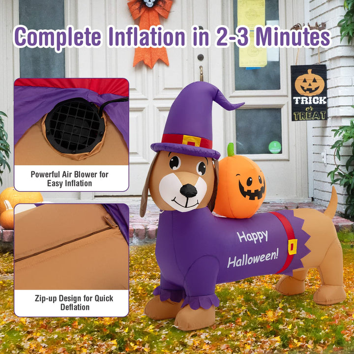 5FT Long Halloween Inflatable Dachshund Dog, Blow Up Outdoor Wiener Dog with Pumpkin &amp; Witch Hat