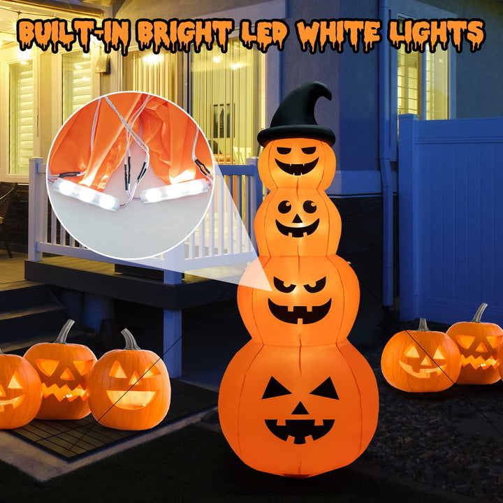 8FT Halloween Inflatable Pumpkin Stacks, 4 Stacked Pumpkins with Witch&