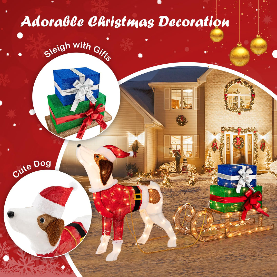 Lighted Christmas Decorations, Outdoor Pre-lit Xmas Dog &amp; Sleigh &amp; Gift Boxes Combo