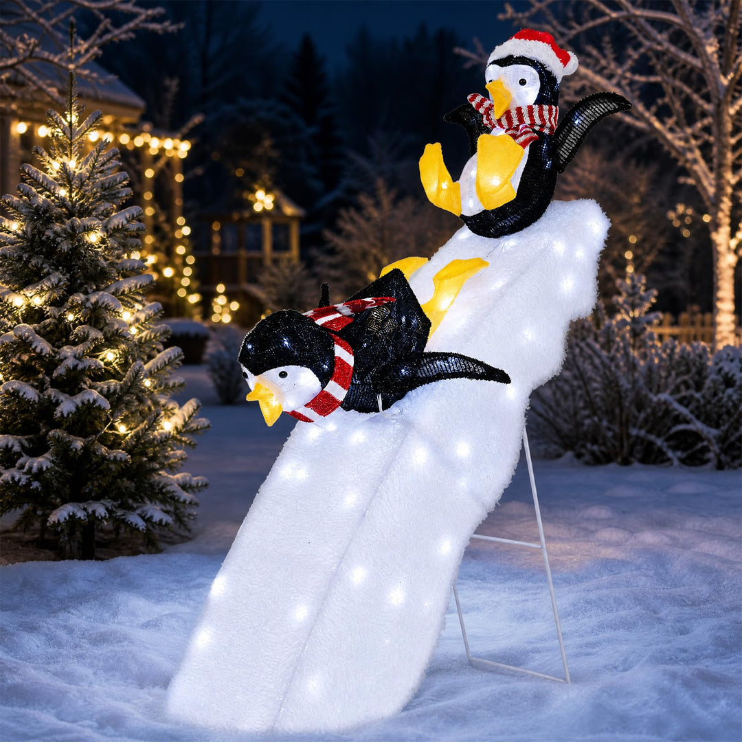 4 FT Tall Pre-Lit Outdoor Christmas Decoration, 2 Skiing Penguins &amp; Snowy Slide w/ 130 Cool White LED Lights