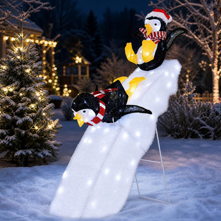 4 FT Tall Pre-Lit Outdoor Christmas Decoration, 2 Skiing Penguins &amp; Snowy Slide w/ 130 Cool White LED Lights