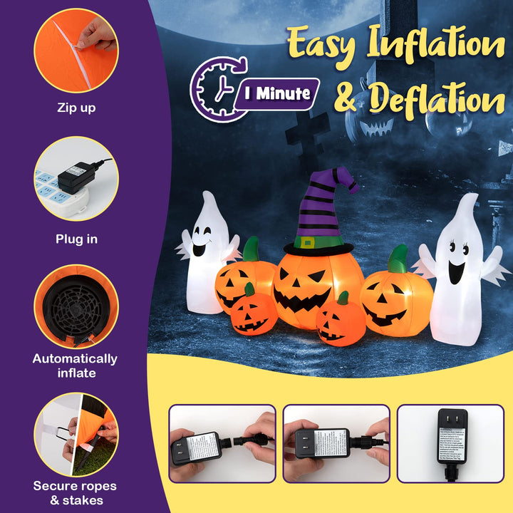 9FT Long Halloween Inflatable Pumpkins, Self Inflating Halloween Pumpkin Patch Lanterns w/ 2 Ghosts, LED Lights