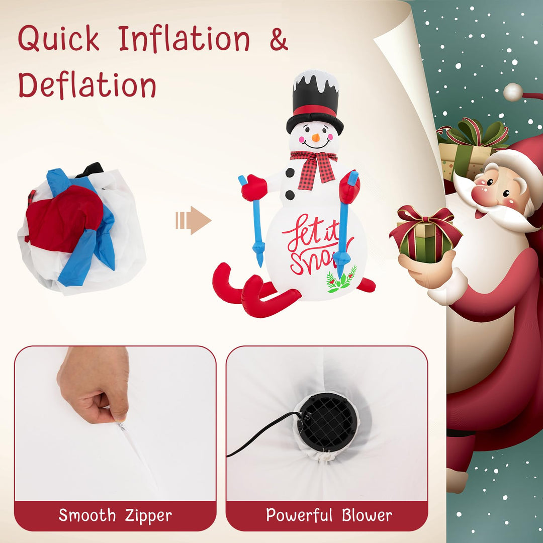 6FT Xmas Inflatable Skiing Snowman, Self Inflating Christmas Decoration with Built-in Sandbag