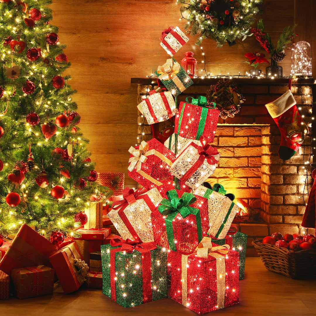 Lighted Christmas Gift Boxes Tower, 15 Pieces Stackable Pre-lit Xmas Present Boxes w/ 450 Warm White Lights