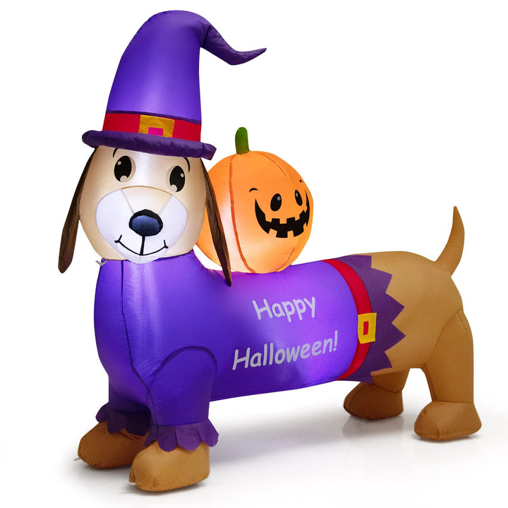 5FT Long Halloween Inflatable Dachshund Dog, Blow Up Outdoor Wiener Dog with Pumpkin &amp; Witch Hat