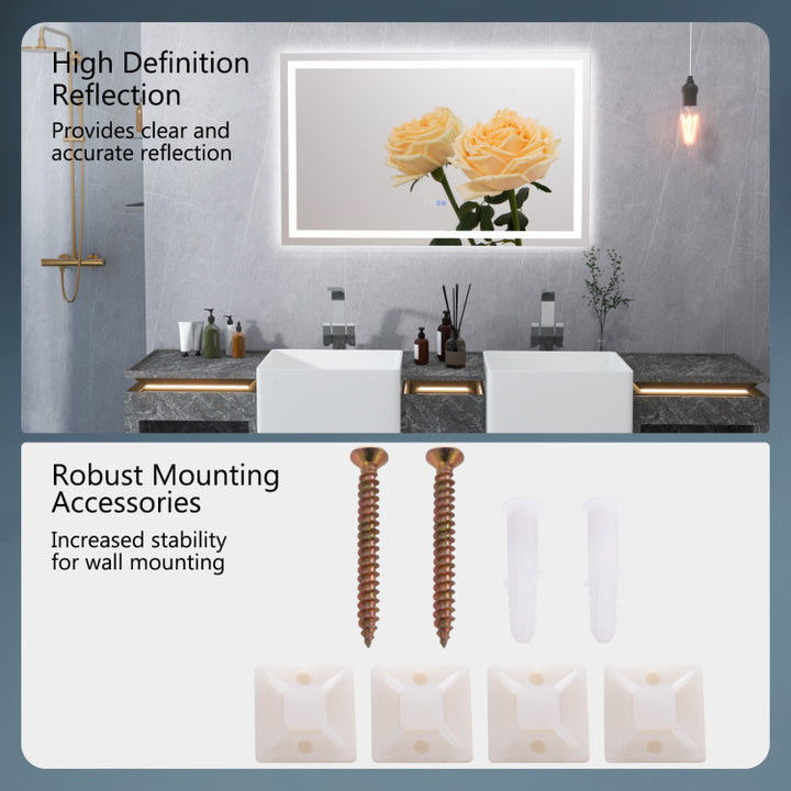 LED Bathroom Mirror Wall Mounted Rectangle Mirror with 3-Color Dimmable Lights