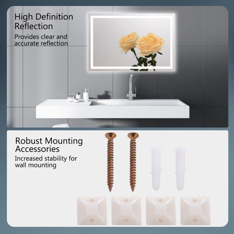 LED Bathroom Mirror Wall Mounted Rectangle Mirror with 3-Color Dimmable Lights