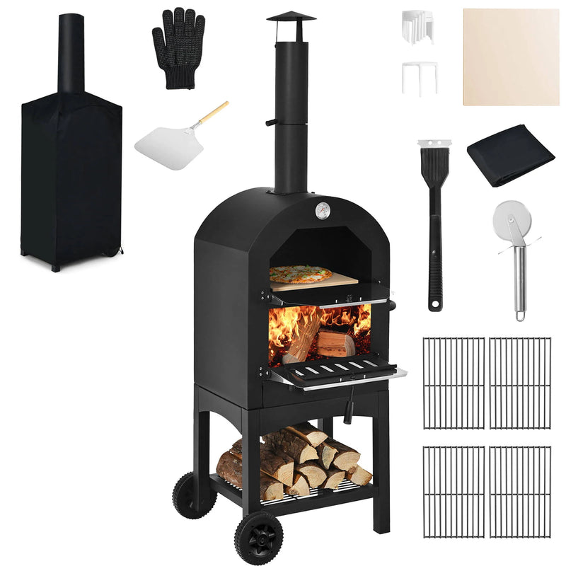 Outdoor Pizza Oven Wood Fire Pizza Maker Grill with Pizza Stone and Waterproof Cover